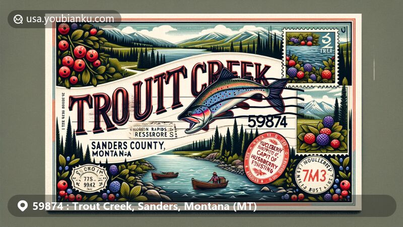 Modern illustration of Trout Creek, Sanders County, Montana, featuring decorative postcard design with Noxon Rapids Reservoir, huckleberry theme, and vintage postage stamp.