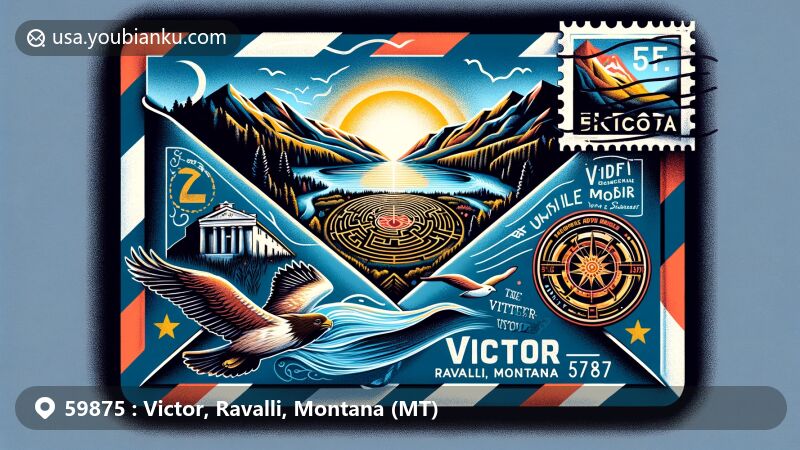 Modern illustration of Victor, Ravalli, Montana, featuring vintage air mail envelope with Montana state flag stamp, Bitterroot River, Redsun Labyrinth, and Bitterroot mountain range outline.