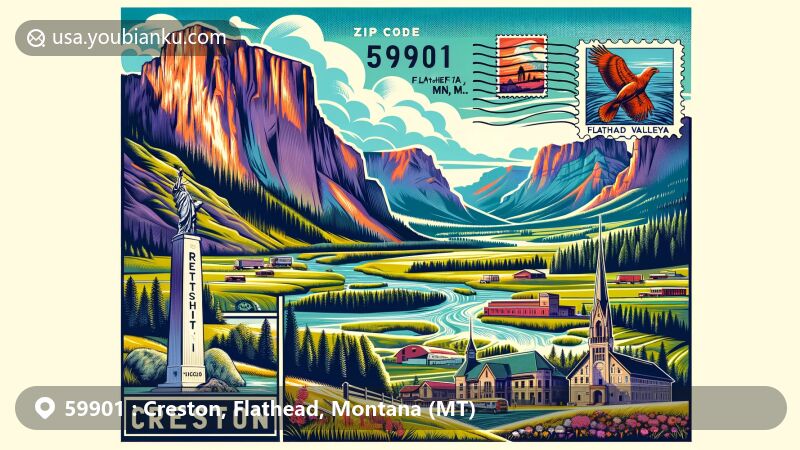 Modern illustration of Creston, Flathead, Montana, highlighting landmarks and cultural elements, featuring Flathead National Forest, Chief Cliff, and lush farmlands of the Flathead Valley.