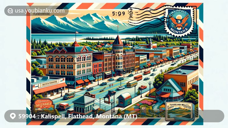 Modern illustration of Kalispell, Montana, featuring vibrant Main Street with colorful facades, Conrad Mansion Museum, and scenic Lone Pine State Park. The design includes a vintage airmail envelope, Montana-themed postage stamp, postal mark with ZIP code 59904, and an old-fashioned mailbox.