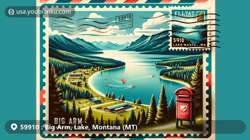 Modern illustration of Big Arm, Lake County, Montana, featuring vivid depiction of Flathead Lake and Big Arm State Park, designed as vintage postcard with postal stamp and elements like red mailbox and postal truck.