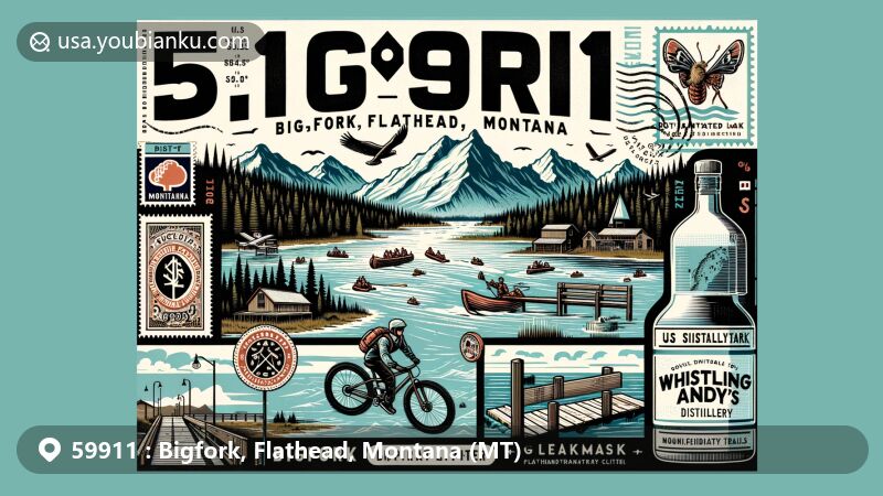 Modern illustration of Bigfork, Flathead County, Montana, in ZIP code 59911, styled as a postcard with Flathead Lake, reflecting Montana's natural beauty and local activities like whitewater rafting, mountain biking, and cross-country skiing, featuring Whistling Andy's Distillery and Glacier National Park.