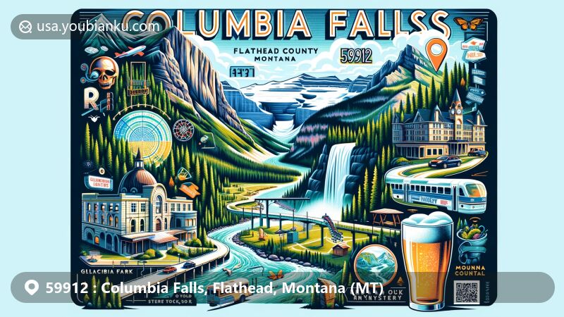Vivid illustration of Columbia Falls, Flathead County, Montana, highlighting Glacier National Park, Going-to-the-Sun Road, Montana Vortex, Bad Rock Canyon, craft beer culture, and outdoor activities.