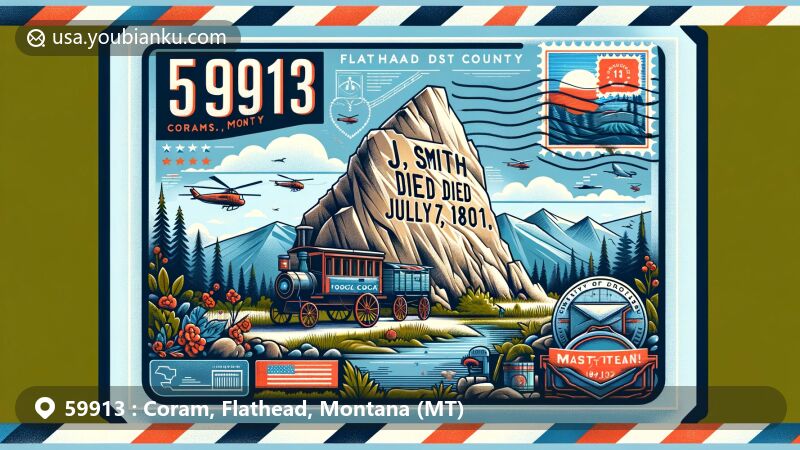 Modern illustration of Coram, Flathead County, Montana, featuring the historic Coram Rock with 'J. Smith Died July 17, 1801' inscription, surrounded by mountains, forests, wildlife, and postal elements, with subtle map outline of Flathead County in the background.