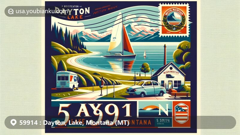 Modern illustration of ZIP Code 59914 in Dayton, Lake, Montana, featuring Flathead Lake with a sailboat, Mission Mountain Winery symbols, Montana state flag stamp, and postal elements.