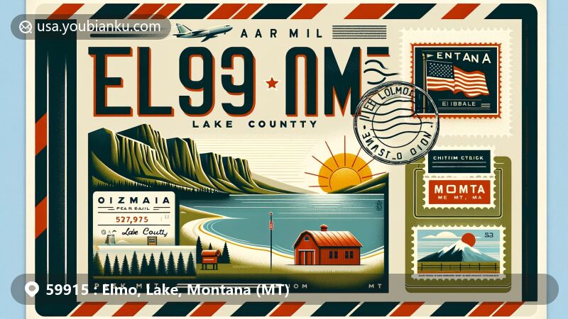 Modern illustration of Elmo, Lake County, Montana, featuring ZIP code 59915, showcasing airmail envelope with Flathead Lake and Chief Cliff, incorporating Montana state flag, vintage postage stamp, postmark, and red mailbox.