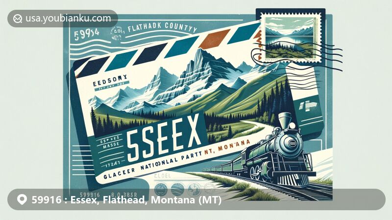 Modern illustration of Essex, Flathead County, Montana, featuring vintage airmail envelope with Glacier National Park stamp, railroad elements, and natural color palette.