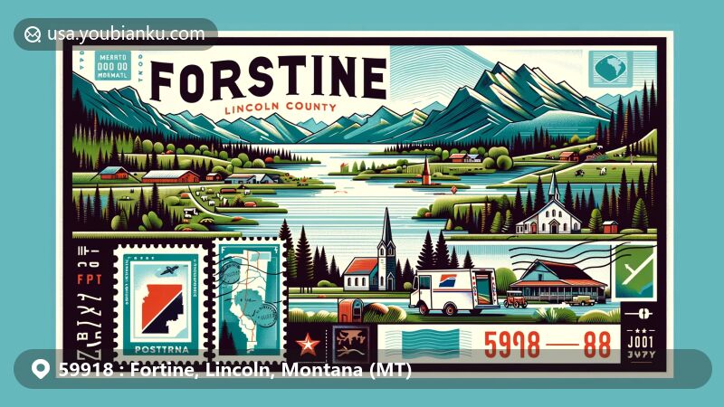 Modern illustration of Fortine, Lincoln County, Montana, depicting ZIP code 59918 with Rocky Mountain scenery, lush greenery, local landmarks, and postal elements.