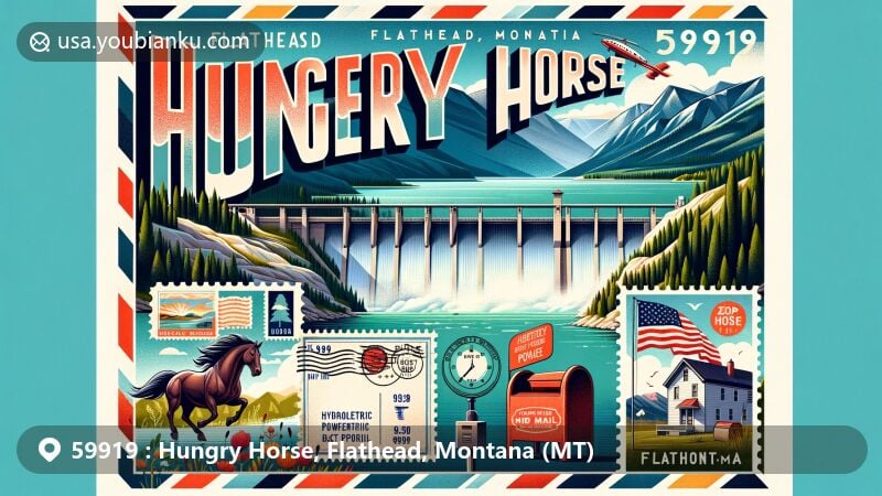 Modern illustration of Hungry Horse, Flathead, Montana, featuring Hungry Horse Dam and Rocky Mountains, with vintage postal elements and Montana state flag.