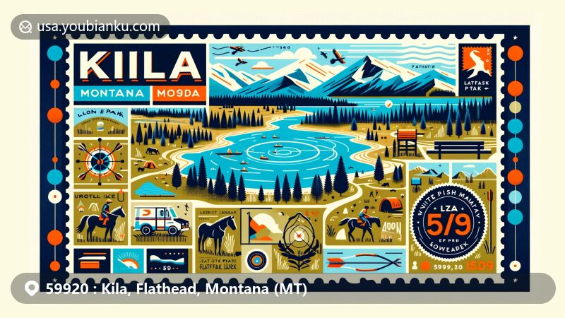 Modern illustration of Kila, Montana, featuring Smith Lake and Lone Pine State Park, with hiking trails, horse trails, and archery range, capturing scenic views from Flathead Lake to Whitefish Mountain Ski Area.