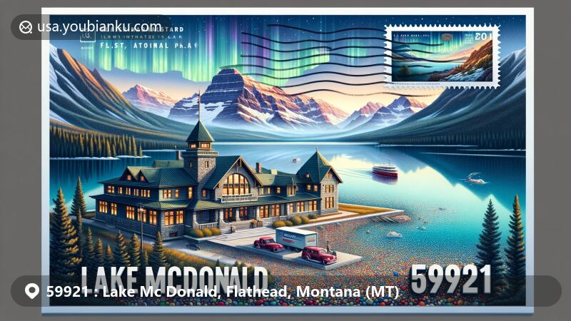 Modern illustration of Lake McDonald, Flathead, Montana, featuring picturesque view of Glacier National Park's Lake McDonald with colorful pebbles, air mail envelope integrating 59921 ZIP code, and detailed depiction of Lake McDonald Lodge and Northern Lights stamp.