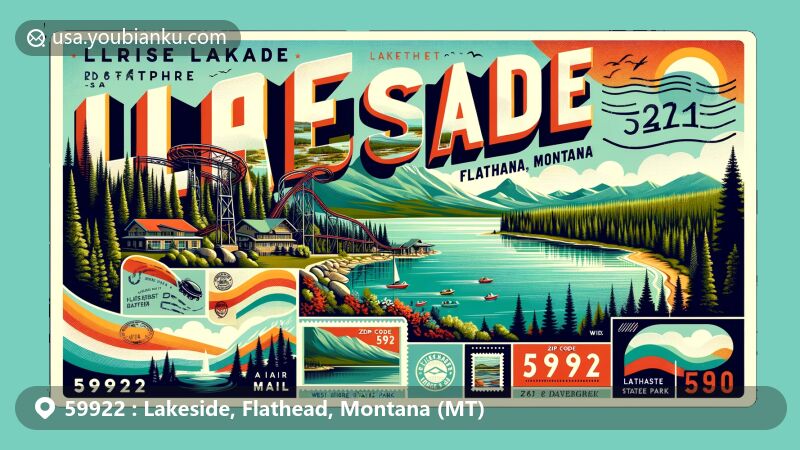 Modern illustration of Lakeside, Flathead County, Montana, highlighting postcard or air mail envelope design with Flathead Lake, Flathead Lake Alpine Coaster, West Shore State Park, Swan Mountains, and ZIP code 59922.