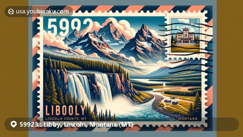 Vintage air mail envelope design for ZIP code 59923, Libby, Lincoln, Montana, featuring Cabinet Mountains on the left and Kootenai Falls on the right, with a stamp of Heritage Museum in the center.