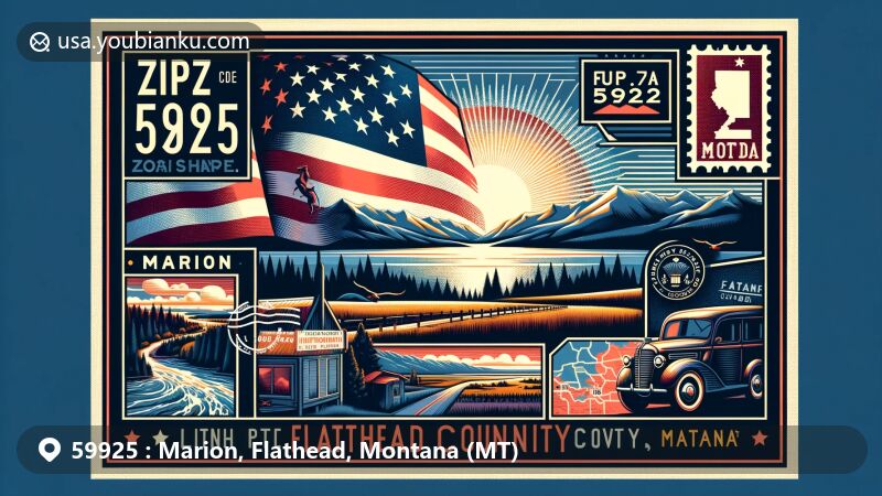 Modern illustration of Marion, Flathead County, Montana, highlighting postal theme with ZIP code 59925, featuring Little Bitterroot Lake, Flathead County map outline, and Montana state flag.