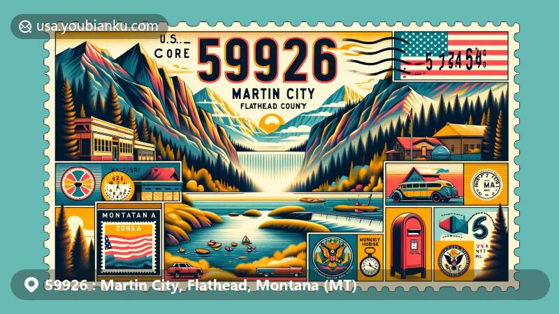 Modern illustration of Martin City, Flathead County, Montana, featuring ZIP code 59926, highlighting Glacier National Park, Hungry Horse Dam, vintage postage stamp with Montana flag, postal cancellation mark, and red mailbox.