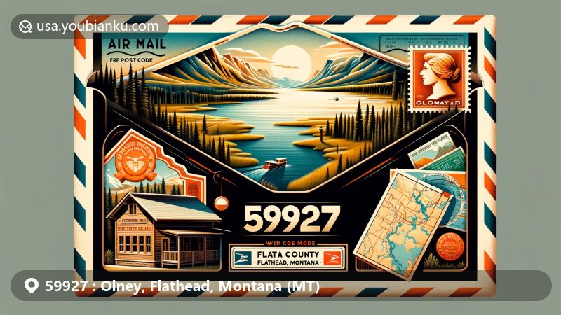 Modern illustration of Olney, Flathead, Montana, representing ZIP code 59927 with vintage air mail envelope, showcasing natural beauty of Olney and Montana's wilderness, including Lower Stillwater Lake and Kootenai National Forest.