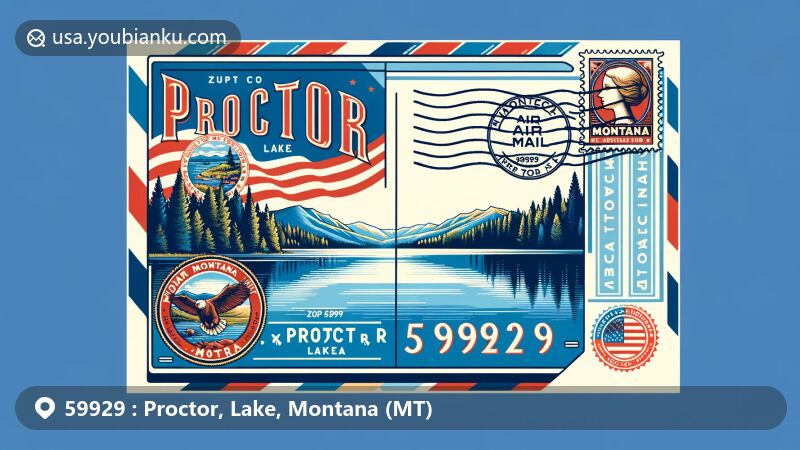 Modern illustration of Proctor, Lake, Montana, with a postal theme depicting ZIP code 59929, featuring Montana state flag, Flathead Lake, Flathead National Forest, vintage postage stamp, and air mail envelope.