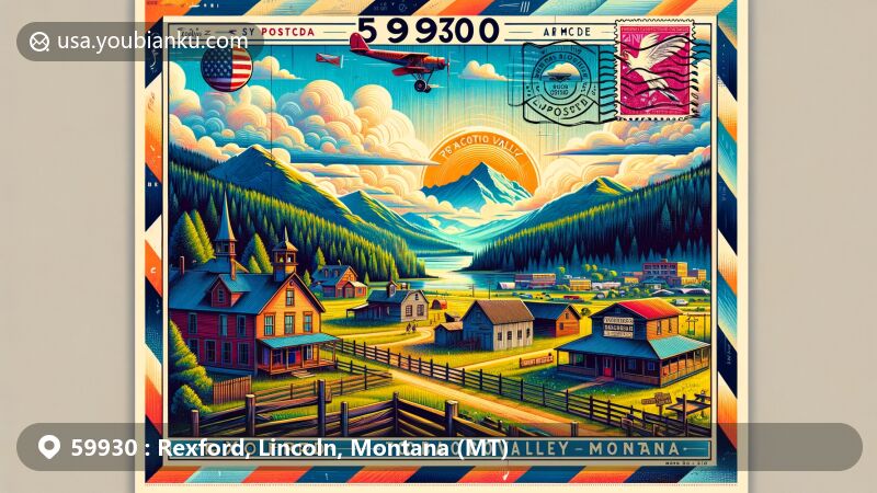 Modern illustration of Rexford, Montana, showcasing postal theme with ZIP code 59930, featuring Tobacco Valley Historical Village and Kootenai National Forest.
