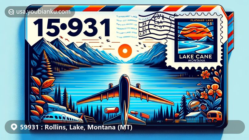 Modern illustration of Rollins, Lake County, Montana, showcasing postal theme with ZIP code 59931, featuring Flathead Lake and Rocky Mountains.