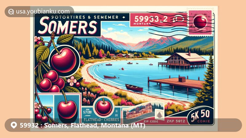 Modern illustration of Somers, Montana, showcasing postal theme with ZIP code 59932, featuring Flathead Lake, Somers Beach State Park, Flathead cherries, and vintage postcard elements.