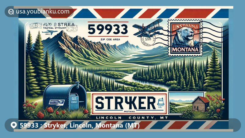 Modern illustration of Stryker, Lincoln County, Montana, showcasing picturesque landscape with forests and mountains, featuring stylized map of Lincoln County and Montana state flag.