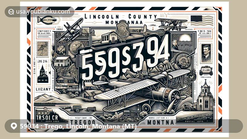 Modern illustration of Trego, Lincoln County, Montana, showcasing postal theme with ZIP code 59934, featuring airmail envelope design and vintage elements.