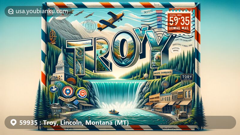 Modern illustration of Troy, Lincoln County, Montana, with a focus on postal code 59935, highlighting a creatively designed airmail envelope and the scenic Kootenai River and Kootenai Falls.