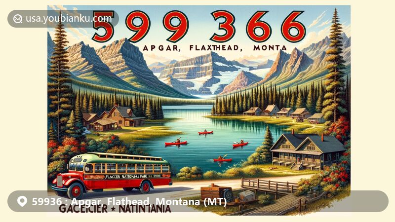 Modern illustration of Apgar, Flathead County, Montana, highlighting U.S. ZIP code 59936, featuring Lake McDonald, Red Jammer bus, Apgar Village, and kayaking activities, all set against the backdrop of Glacier National Park's majestic mountains.