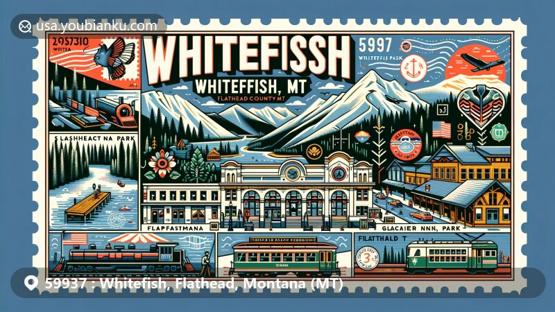 Vibrant illustration of Whitefish, Flathead County, Montana, showcasing postal theme with ZIP code 59937, featuring Whitefish Depot, ski culture symbols, Glacier National Park, and Flathead National Forest.