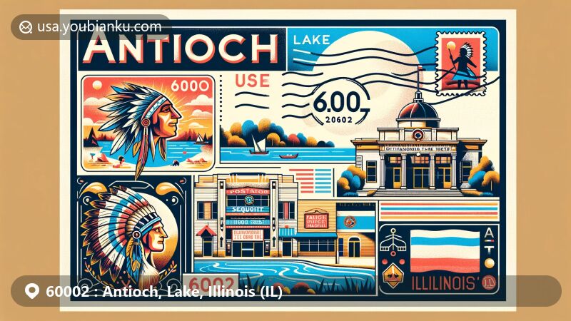 Modern illustration of Antioch, Lake, Illinois (IL), with postal theme showcasing zipcode 60002. Features Sequoit Creek, Pottawatomi Tribe representation, PM&L Theatre, and postal elements. Background includes Illinois state flag, combining local and state pride.