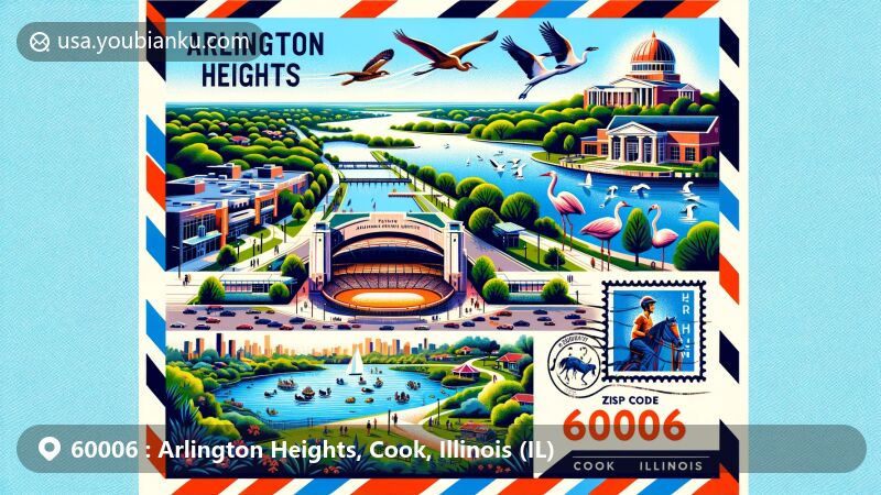 Contemporary artwork representing Arlington Heights, Cook, Illinois (IL) with ZIP code 60006, featuring Arlington Park Race Track, Metropolis Performing Arts Centre, Lake Arlington, and symbols of local culture.