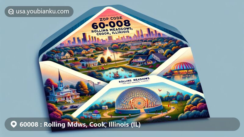 Modern illustration of Rolling Meadows, Cook, Illinois, showcasing postal theme with ZIP code 60008, featuring Rolling Meadows Historical Museum, Opera in Focus puppet opera house, Woodfield Mall, Kimball Hill Park, and 4th of July Parade.