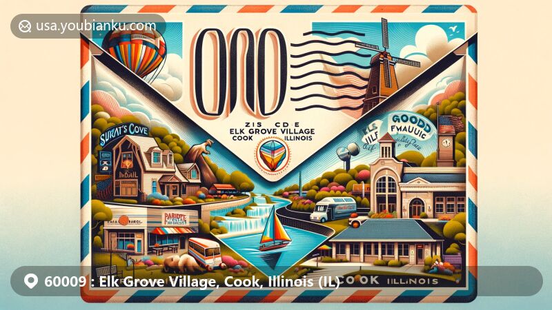 Modern illustration of Elk Grove Village, Cook County, Illinois, featuring iconic landmarks and attractions like Busse Woods Trail System, Pirate's Cove Children's Theme Park, Rainbow Falls Waterpark, Elk Grove Historical Museum, farmers' market, and Busse Forest Elk Pasture.