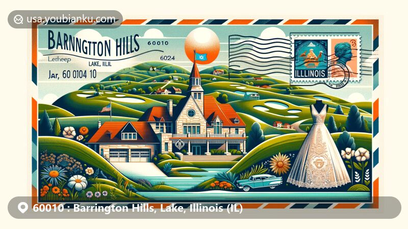 Modern illustration of Barrington Hills, Lake, Illinois, highlighting Barrington Hills Country Club and St. John Nepomucene Chapel, accompanied by Illinois state flag, vintage wedding dress, Fox River stamp, and postal elements.