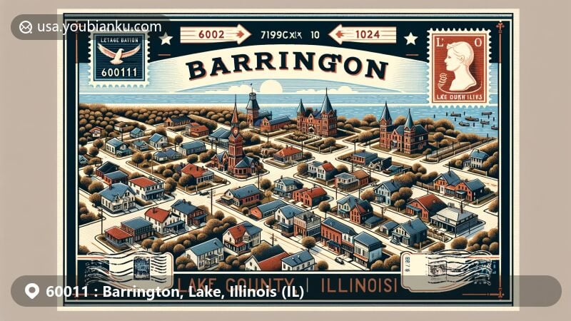 Modern illustration of Barrington, Lake County, Illinois, emphasizing historic district in a vintage postcard style with postal elements, showcasing unique architecture and cultural essence.