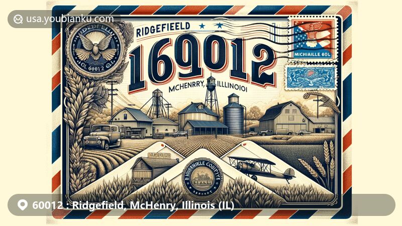 Detailed illustration of ZIP code 60012 (Ridgefield, McHenry, Illinois) featuring vintage airmail envelope with bold '60012' ZIP code, rural landscape, grain storage facility, antique shops, McHenry County silhouette, Illinois state flag stamp, airmail border, and postmark stamp.