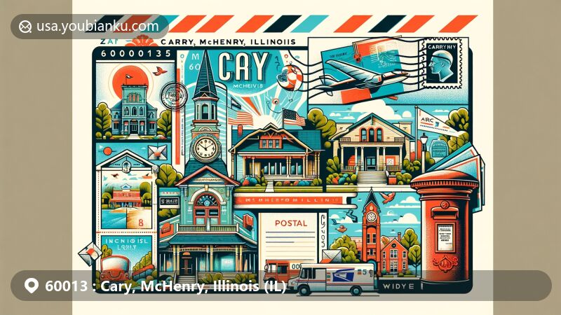 Modern illustration representing ZIP code 60013 in Cary, McHenry County, Illinois, featuring creative postal-themed design and cultural elements of the area.