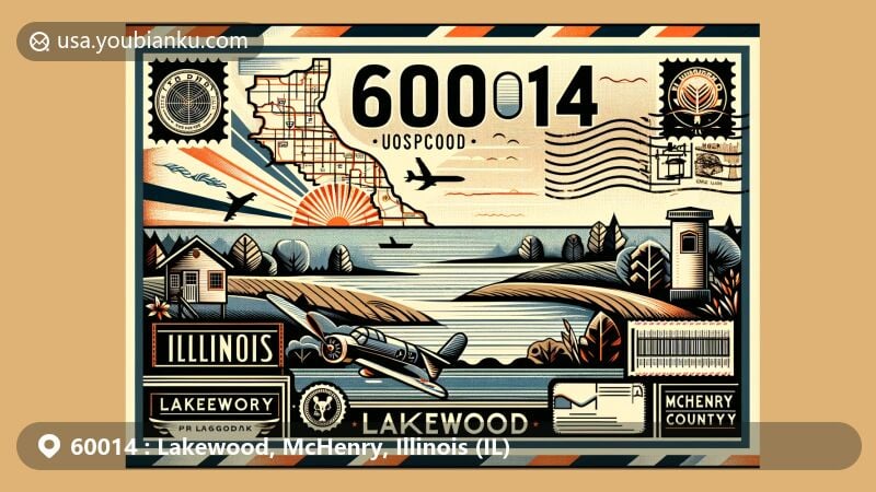 Modern illustration of Lakewood, McHenry, Illinois, with ZIP code 60014, featuring postal theme, iconic landmarks, and cultural symbols of the area.