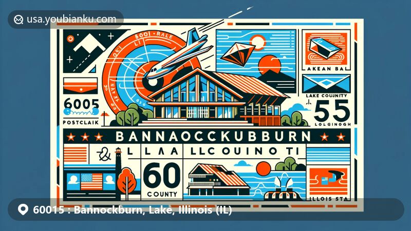 Modern illustration of Bannockburn, Lake County, Illinois, showcasing postal theme with ZIP code 60015, featuring airmail envelopes, postage stamps, postmark, Lake County shape, Friedman house by Frank Lloyd Wright, and Illinois state flag.