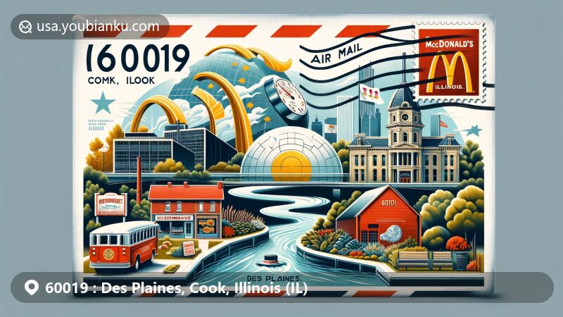 Illustration of Des Plaines, Cook County, Illinois, with airmail envelope background and landmarks like Des Plaines River, first McDonald's, Kennicott House, and Koehnline Museum of Art.