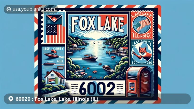 Modern illustration of Fox Lake, Lake County, Illinois, with Chain O'Lakes views and postal theme, featuring '60020' ZIP Code, Illinois state flag, and Lake County outline.