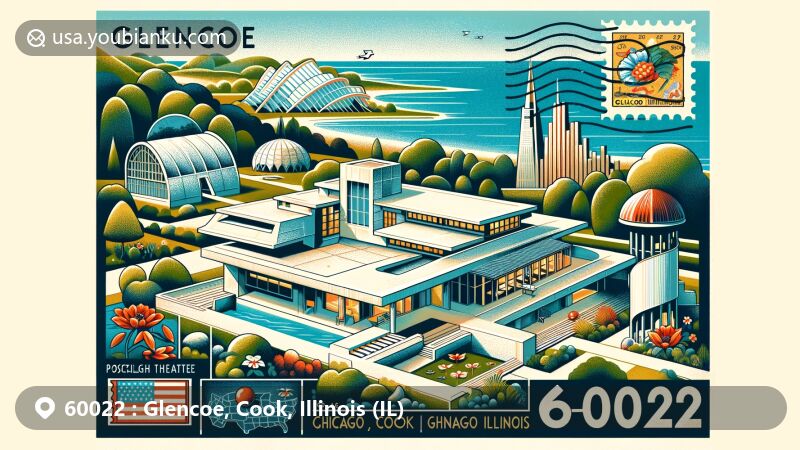 Modern illustration of Glencoe, Cook, Illinois, showcasing postal theme with ZIP code 60022, featuring Chicago Botanic Garden, Writers Theatre, and Frank Lloyd Wright's architectural designs.