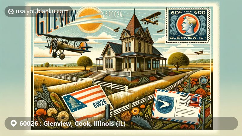 Modern illustration of Glenview, Cook County, Illinois, with Kennicott House at The Grove Historic Landmark, showcasing postal theme with vintage postmark, airmail envelope, and American eagle stamp.