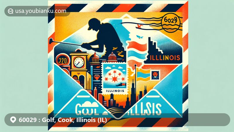 Colorful artwork of Golf, Cook County, Illinois, depicting postal theme with ZIP code 60029, incorporating Illinois state flag, Cook County map, and local landmarks.