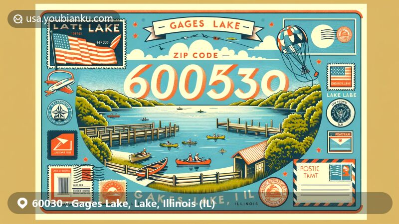 Modern illustration of Gages Lake, Lake, Illinois, highlighting scenic beauty and recreational activities at the glacial lake, surrounded by lush greenery and reflecting small-town ambiance. Includes postal-themed frame with Illinois state flag postage stamp and '60030 Gages Lake, IL' postal mark.