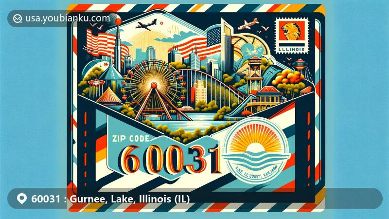 Modern illustration of Gurnee, Lake County, Illinois, featuring vintage airmail envelope with ZIP code 60031, showcasing Six Flags Great America theme park and Lake Carina Forest Preserve.