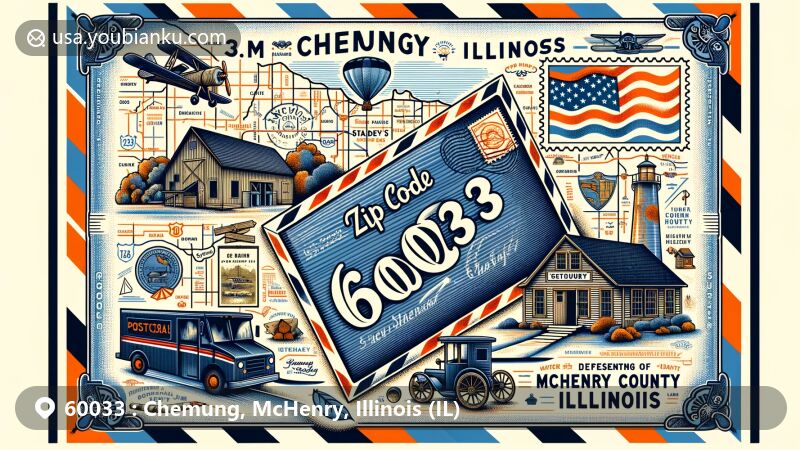 Modern illustration of Chemung, McHenry County, Illinois, showcasing postal theme with ZIP code 60033, featuring postcard design with postage stamp, postmark, and postal vehicle, set against map of McHenry County. Includes Stade's Farm and Market, McHenry County Historical Society symbols like log cabin or historical church.