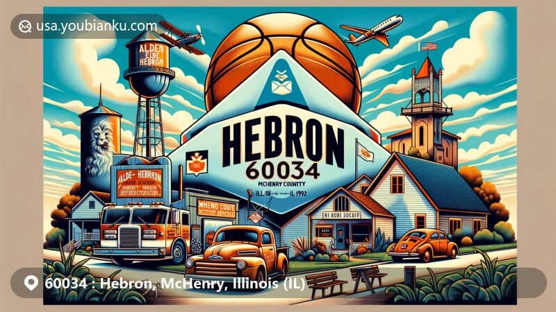 Modern illustration of Hebron, McHenry County, Illinois, showcasing ZIP code 60034 with a stylized airmail envelope featuring Alden-Hebron High School's basketball victory, McHenry County Historical Society's vintage fire truck, Gannon Log Cabin, Stade's Farm and Market, and the Church of Holy Apostles.