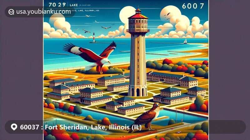 Modern illustration of Fort Sheridan, Lake, Illinois, showcasing iconic water tower, military barracks, Lake Michigan scenery, local bird migration area, and red-tailed hawk exhibit, along with postal theme and ZIP code 60037.