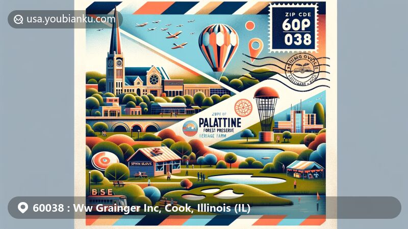 Modern illustration of Palatine, Illinois, featuring ZIP code 60038 designed as a vintage airmail envelope. Depicting downtown area, Deer Grove Forest Preserve, Spring Valley Nature Center, Palatine Farmers' Market, Riemer Reservoir Park, Plum Grove Reservoir Park, and postal elements.